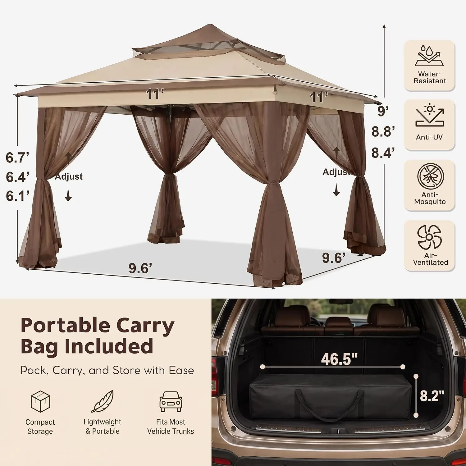 11x11 ft Pop Up Gazebo with Netting Screen Walls, Champagne