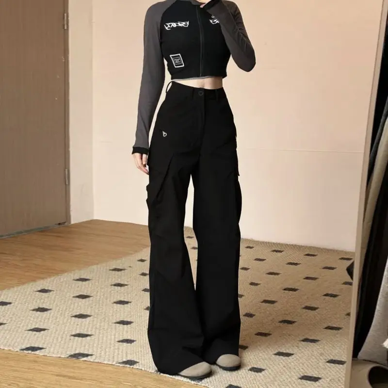 American Style Vintage Summer Woman Clothing Solid Cargo Pants Harajuku Fashion High Waist Casual Loose Wide Leg Flare Trousers