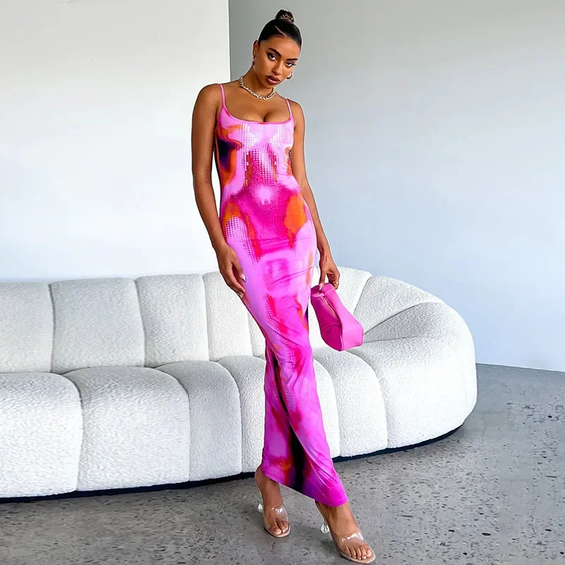 Women Summer Sleeveless Print Spaghetti Strap Dress Backless Floor-Length Sexy Slim Tank Dresses New Fashion Camisole Vestidos