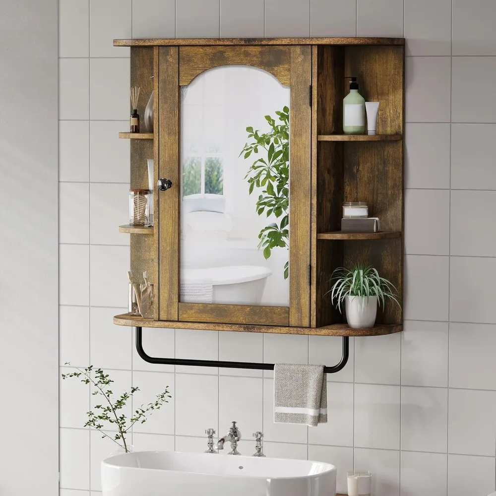 Armário de banheiro montado na parede com porta de espelho, organizador de armazenamento de prateleira removível para espaços pequenos, decoração de casa