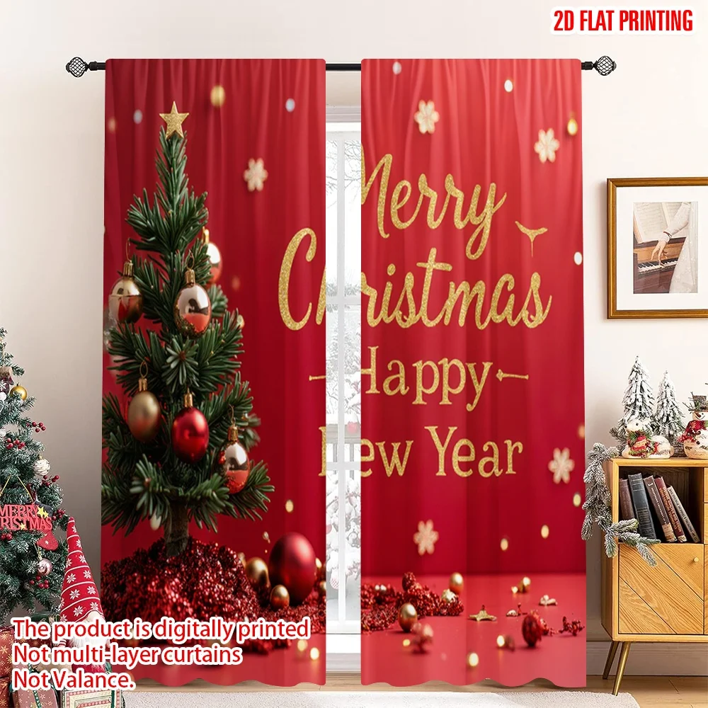 

2pcs 2D flat printing Christmas Window Curtains Merry Christmas Happy New Year_a Polyester Without Electricity Party Decorations