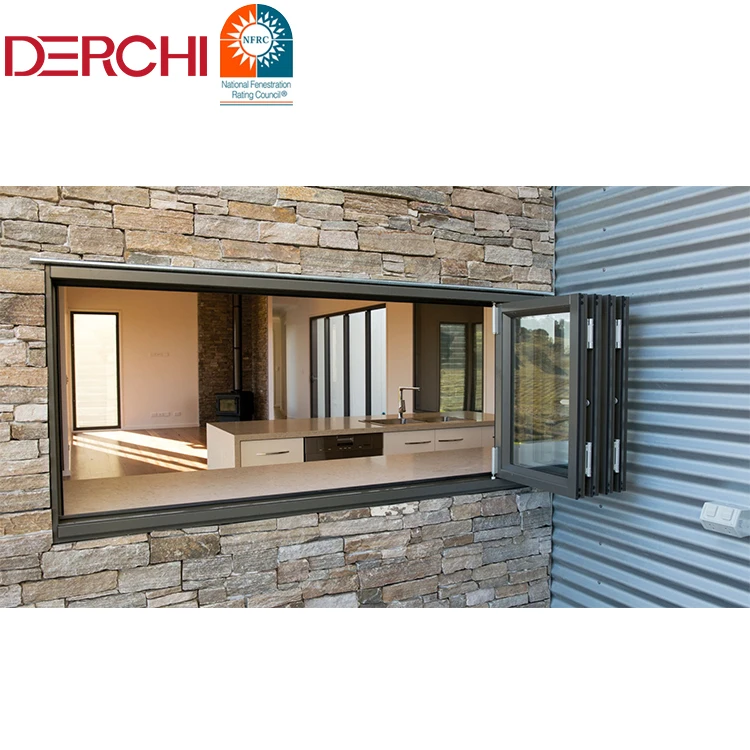 DERCHI อลูมิเนียมกระจกนิรภัยหีบเพลงแนวนอนพับหน้าต่างท้องถิ่น Bifold Windows