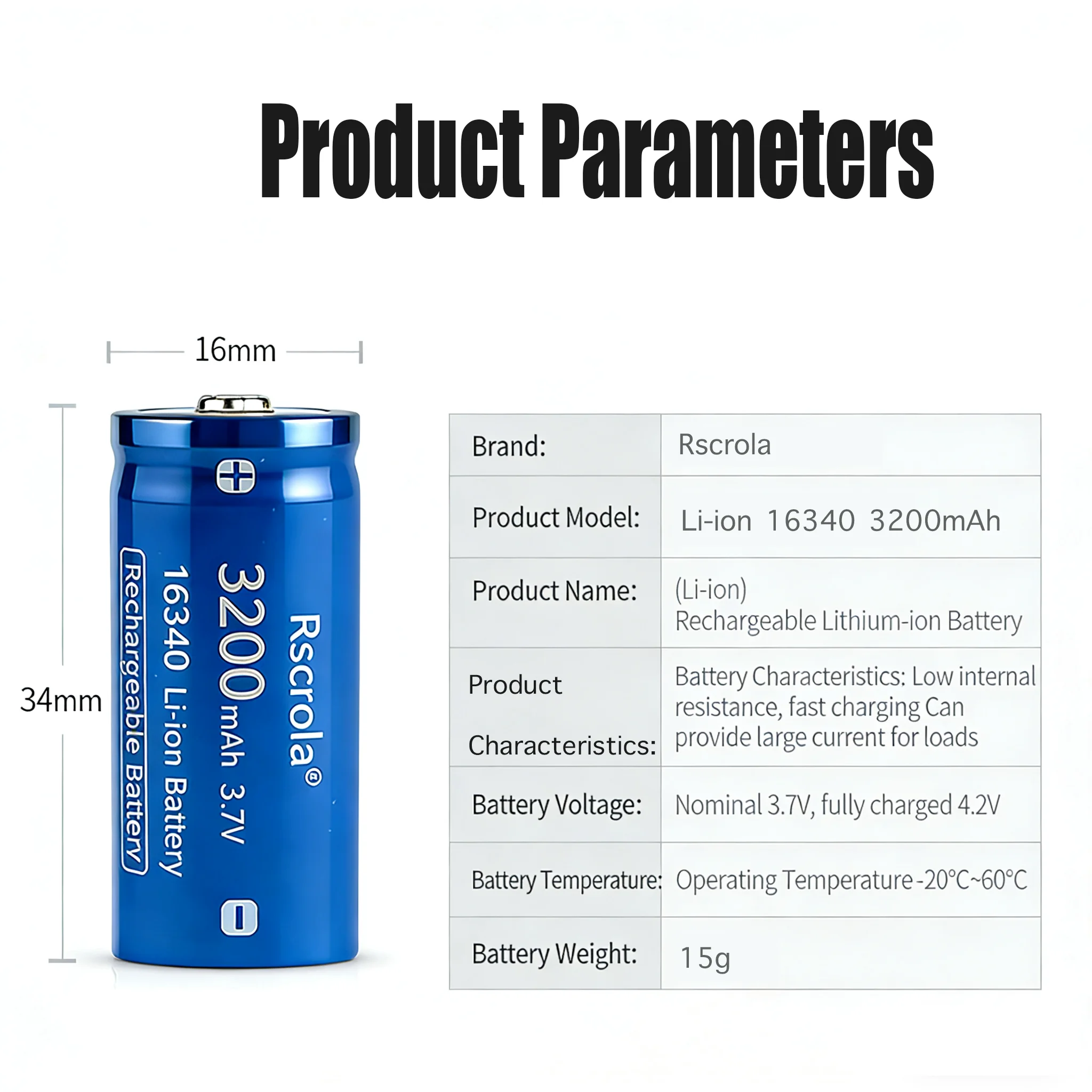 Long-lasting 16340 Rechargeable Battery with Charger, 3.7Volt Li-ion Batteries Button Top 3200mAh, Power for Flashlight Headlamp
