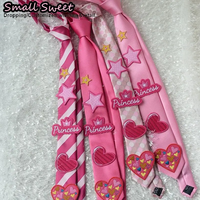 Women Y2K Girl Pink Tie Female Princess Style Heart Applique Decoration Sweet Lolita JK Uniform Shirt Bow Tie Elegant Trendy