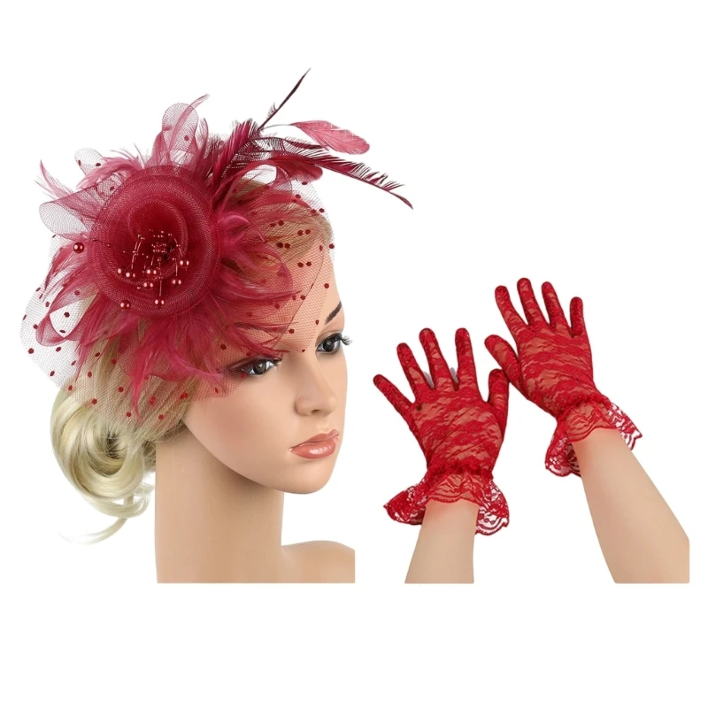 39BD Set aus zartem Brautschleier, Fascinator und Handschuhen mit Zierfedern für Bräute – Detail 1