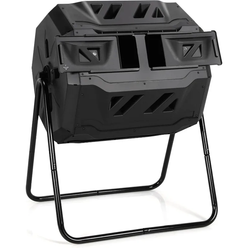

Compost Bin, 43 Gallon Rotating Composter, Outdoor Dual Chamber Tumbling Compost Barrel with Sliding Door, Gloves, Compos