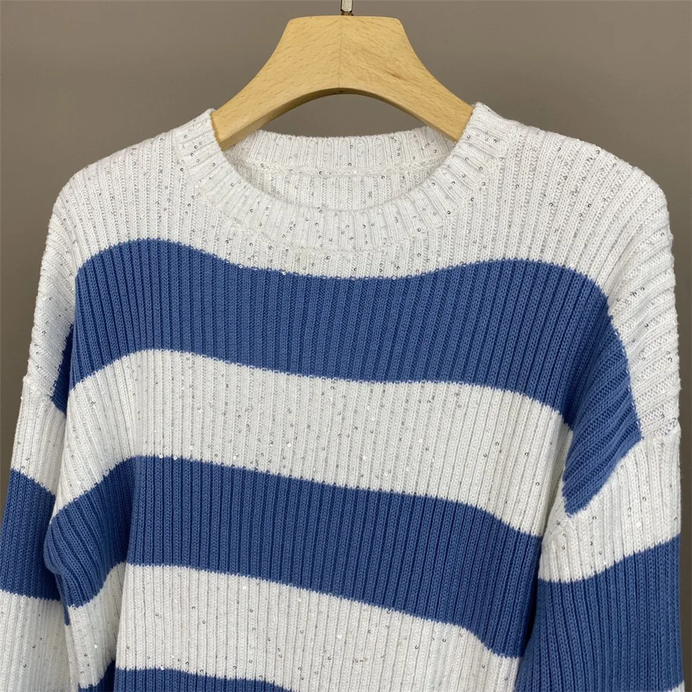 Casual All-Match Striped Contrasting Round Neck Pullover Sweater for Women Long Sleeve Top B*C New