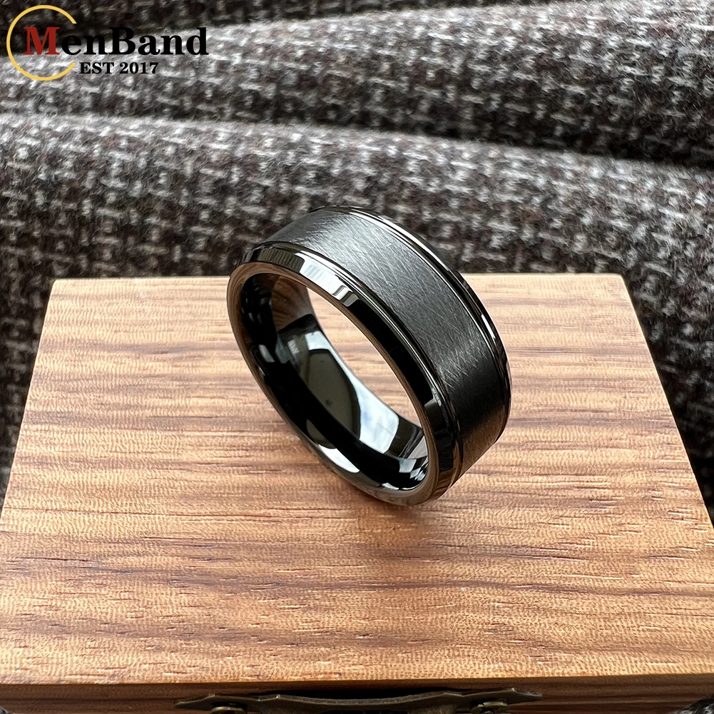 MenBand 8mm Black Tungsten Wedding Rings For Men Women Bevel Edges Satin Finish Comfort Fit Size 5-15