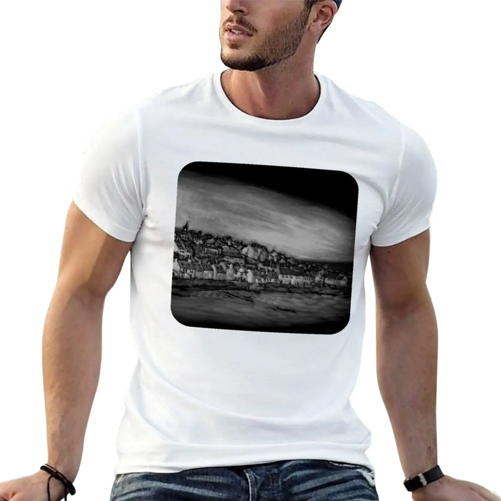 Pittenweem West Shore - Pumpkin Carving (Black and White Version) T-Shirt man t shirts for men casual T-Shirt