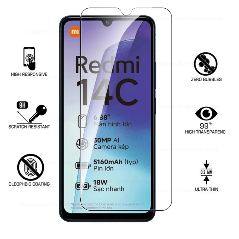 Pelindung layar kaca Tempered, 4PCS untuk Xiaomi Redmi 14C 14 C HD jernih Premium pelindung layar untuk Redmi 14C Film kaca