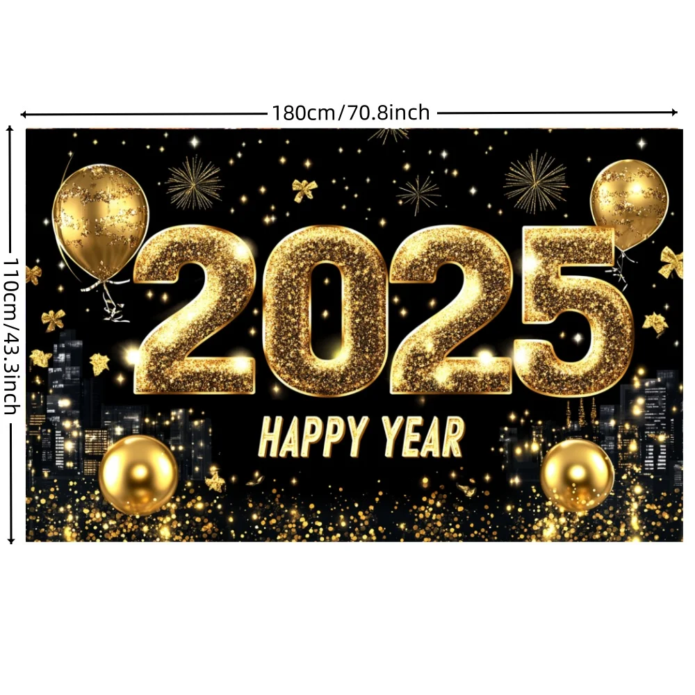 2025 Happy New Year Theme Party Background Banner Fireworks Golden Background Hanging Banner New Year Celebrate Home Party Decor