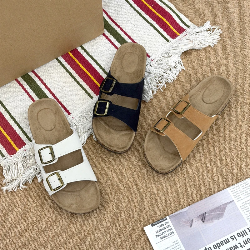 Summer Trend Cork Cool Slippers Couple Double Strap Thick Bottom Outdoor Sandals Anti slip Comfortable Flat Shoes