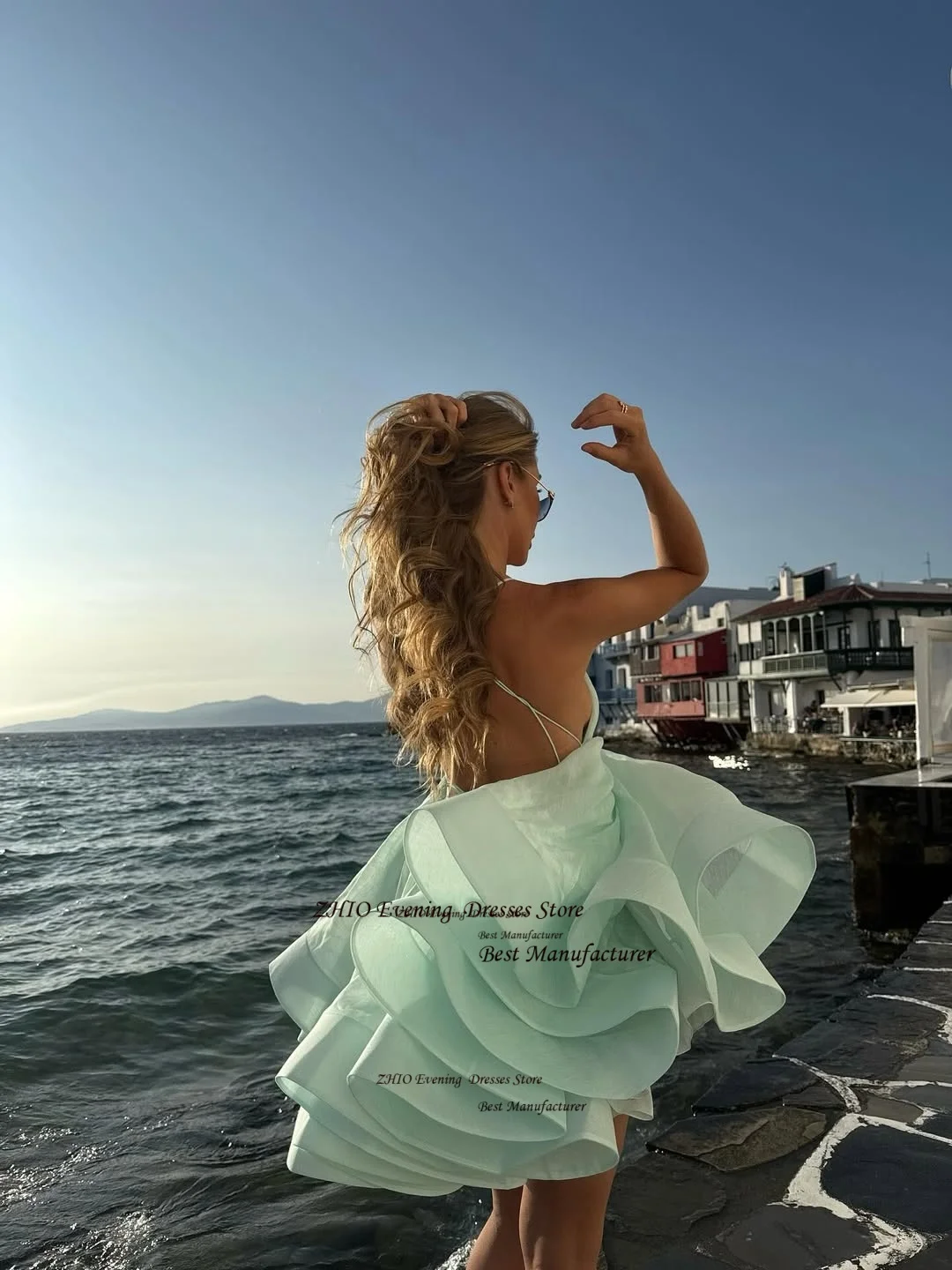 ZHIO Sexy V-Neck Satin Short Cocktail Dress Spaghetti Straps Pleats Prom Gown Customized Sleeveless Ruched Wedding Party Dress