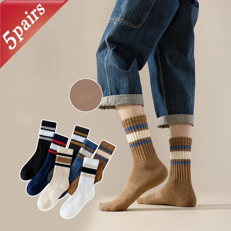 

5 Pairs Men's Socks Set Stripe Japanese Simple Preppy Style Versatile Mid Tube Socks Winter Thick Warm Sports High-quality Socks