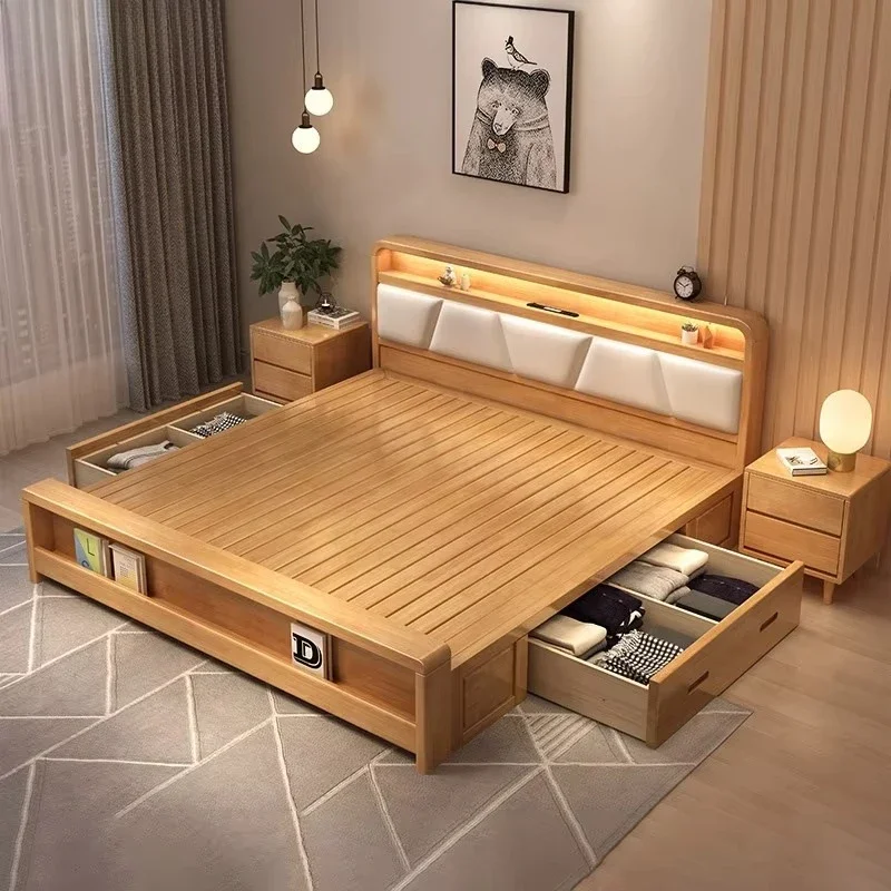 High Quality Nordic Double Solid Wood King Frame Adult Bedroom Furniture Bed Set with Storage