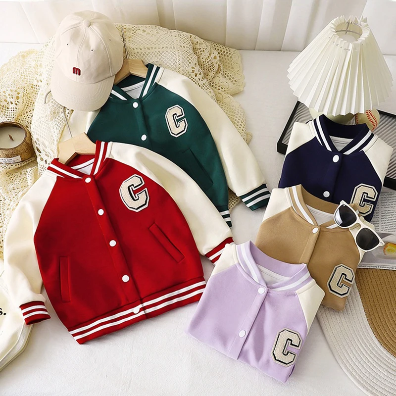 

2025 New Kids Baseball Coat Spring Autumn Letter C Patch Varsity Jacket 2-8Y Toddler Boys Girls Preppy Retro Outerwear