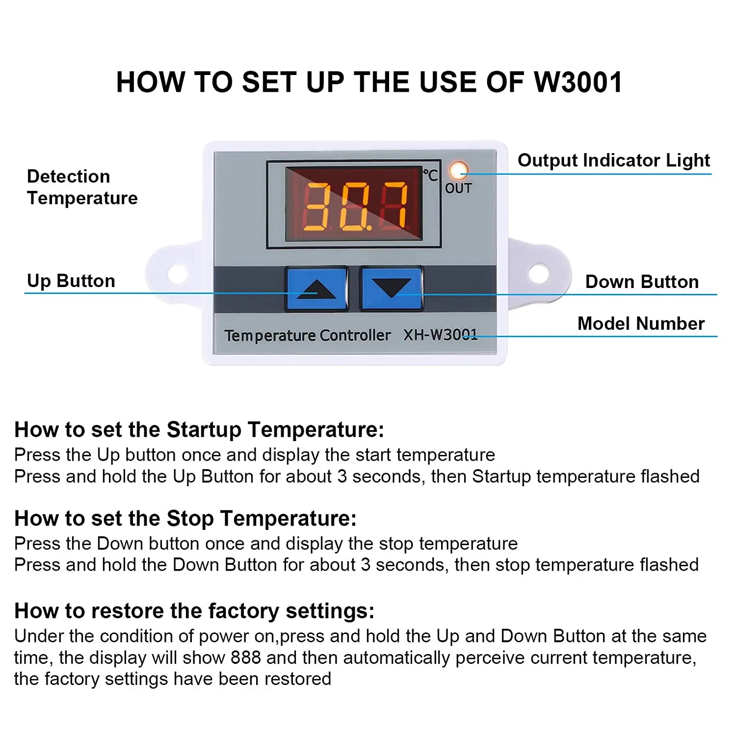 W3001 digital led controlador de temperatura termostato interruptor sonda termômetro termostato sensor 12v/24v/110v/220v