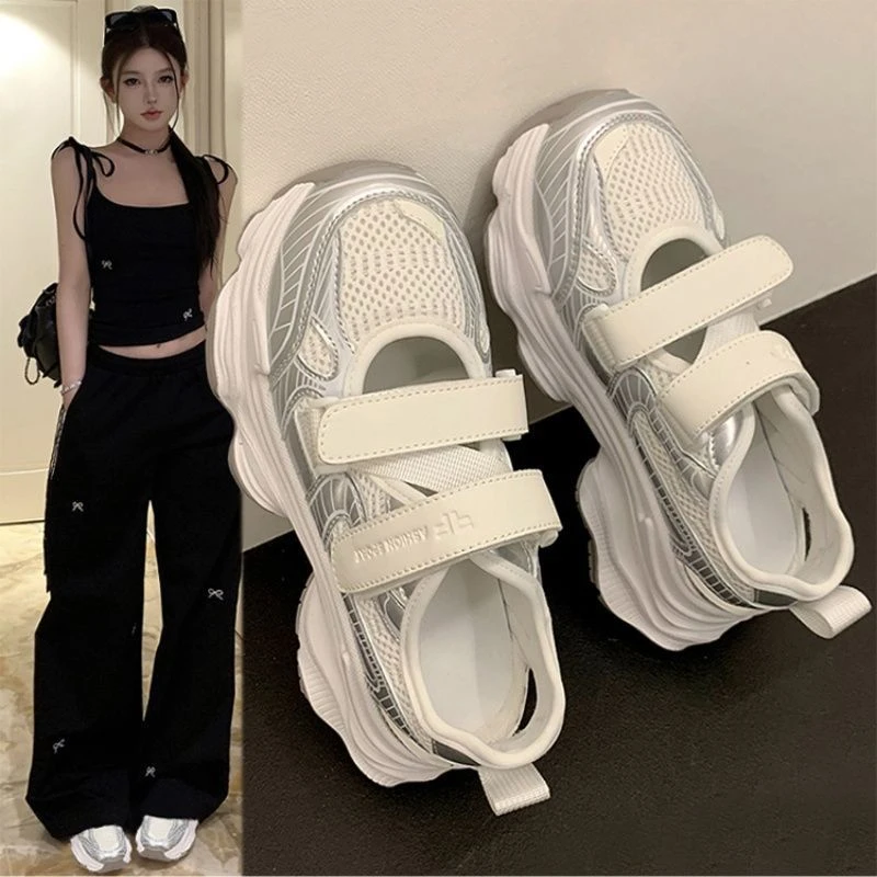 2025Summer New Women's Sport Sandals Hollow Mesh Breathable Sponge Sole Versatile Magic Slim Fit Casual Shoes Rubber Material