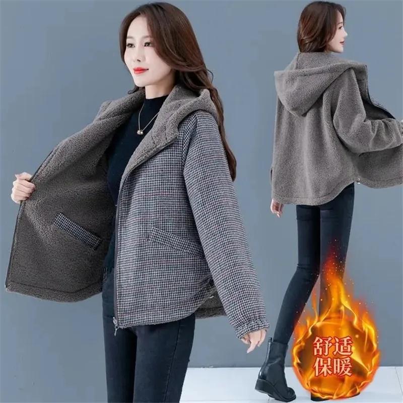 Two-Sided Put On Women\'s Coat Tops New 2022  Add Velvet Thicken Grain Fleece Winter Jacket Loose Hooded Keep Warm Outerwear