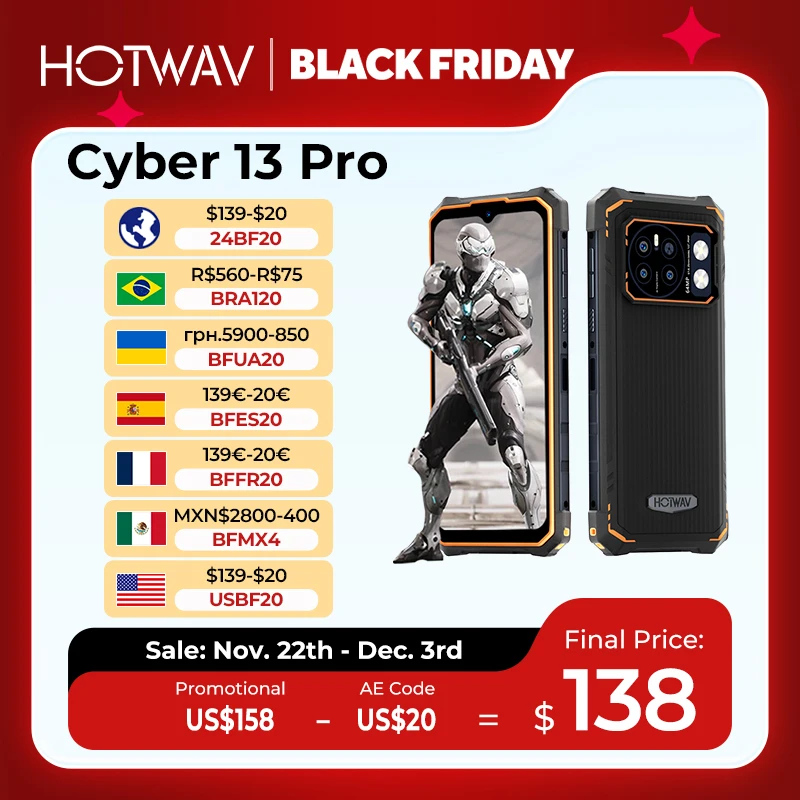 HOTWAV Cyber 13 Pro هاتف ذكي متين 150LM مصباح يدوي 20 جيجابايت + 256 جيجابايت 6.6 بوصة FHD + 2K عرض هاتف محمول 10800 مللي أمبير 64 ميجابكسل