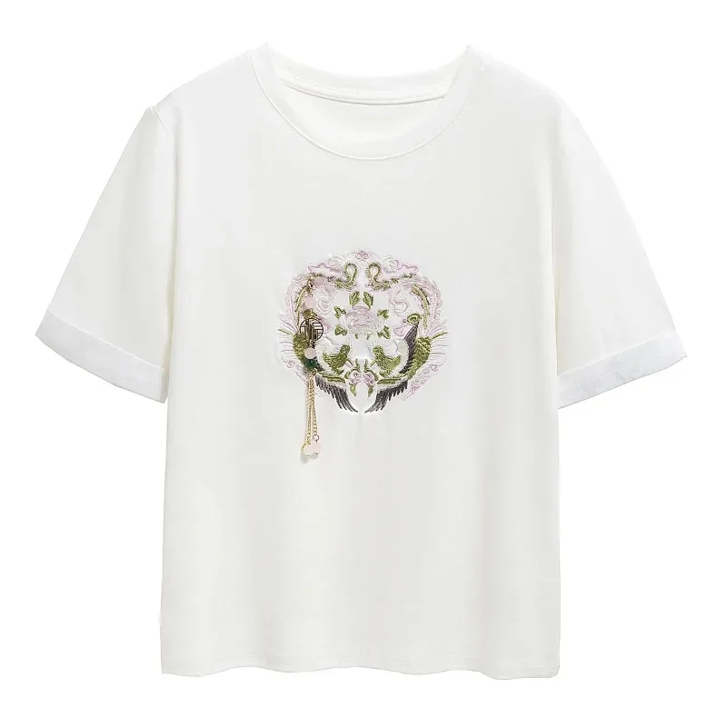 

Cotton Chinese Style Women's T-shirt Summer Embroidery Tees Short Sleeve Loose Women Tops O-neck Vintage Clothing 2024 Korean