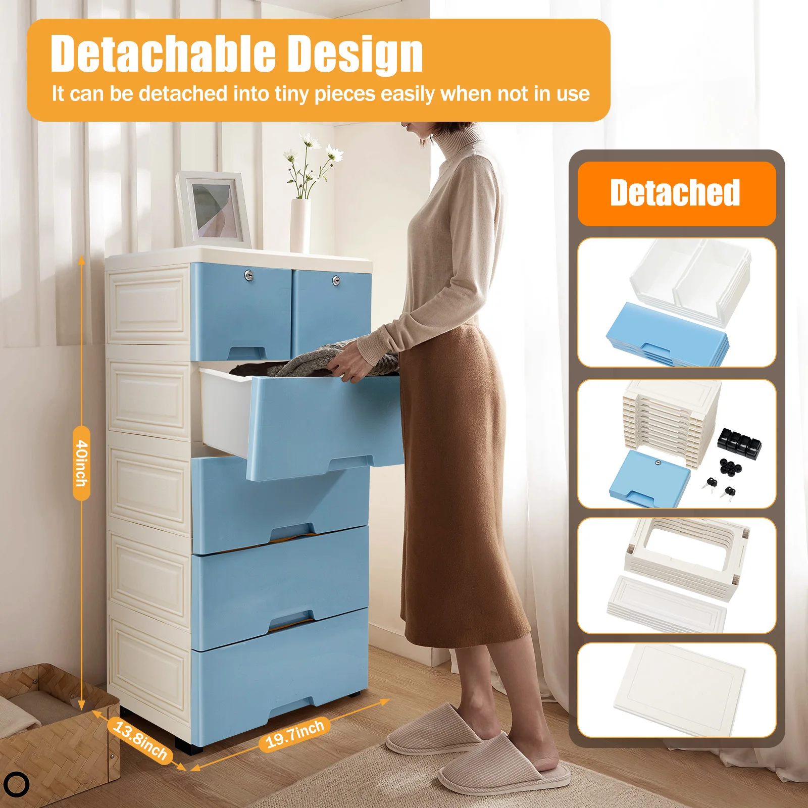

6-Drawer Lockable Plastic Storage Dresser with 360° Wheels - Heavy-Duty Closet Organizer for Bedroom/Dorm