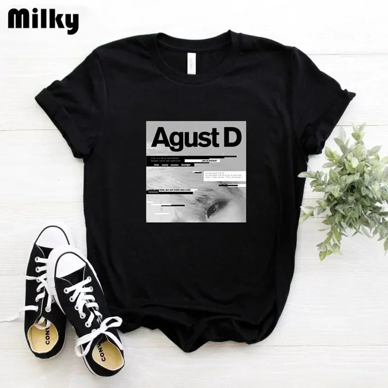 2024 Agust D siyah kadın t-shirt kadın kısa kollu yaz Tshirt kadınlar kore bts Y2k estetik Harajuku Tshirt Tops