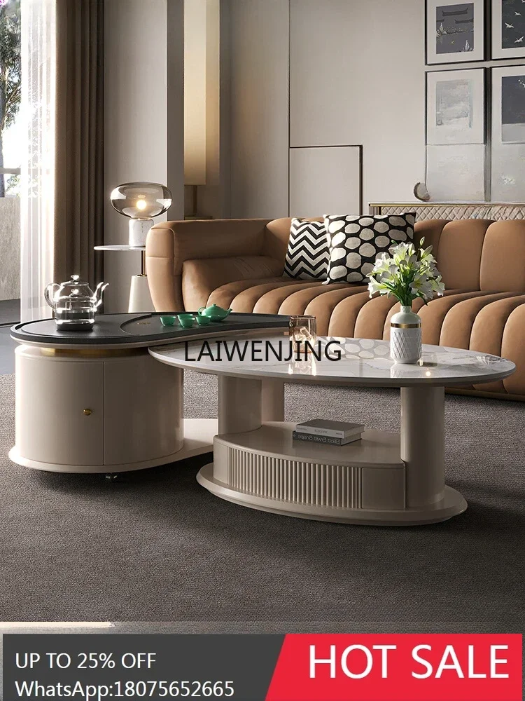 

rock slab light luxury living room movable tea cart kung fu combination Italian size round coffee table