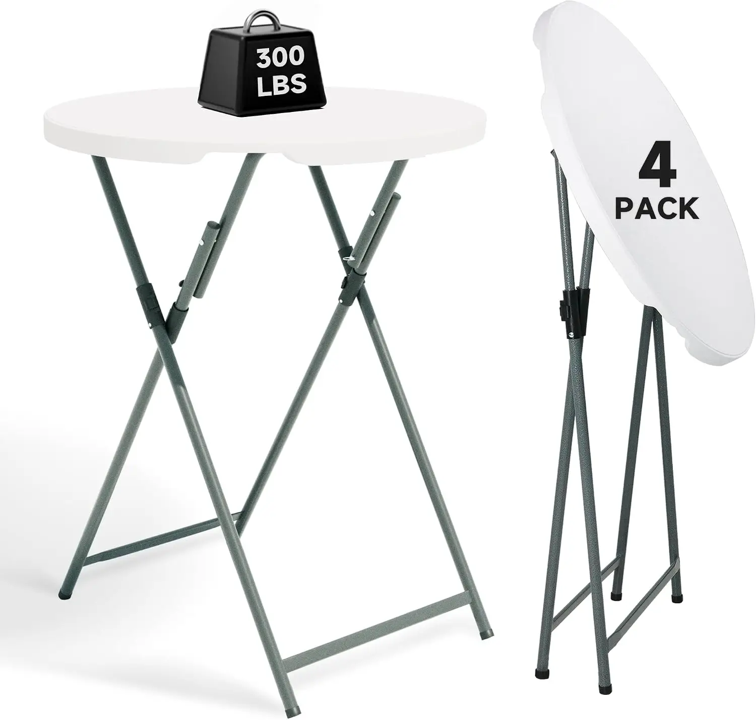 Round 32 Inch Folding Cocktail Table HDPE Top Steel Frame Stable Clean High Top Party Patio Event 4 Pack White