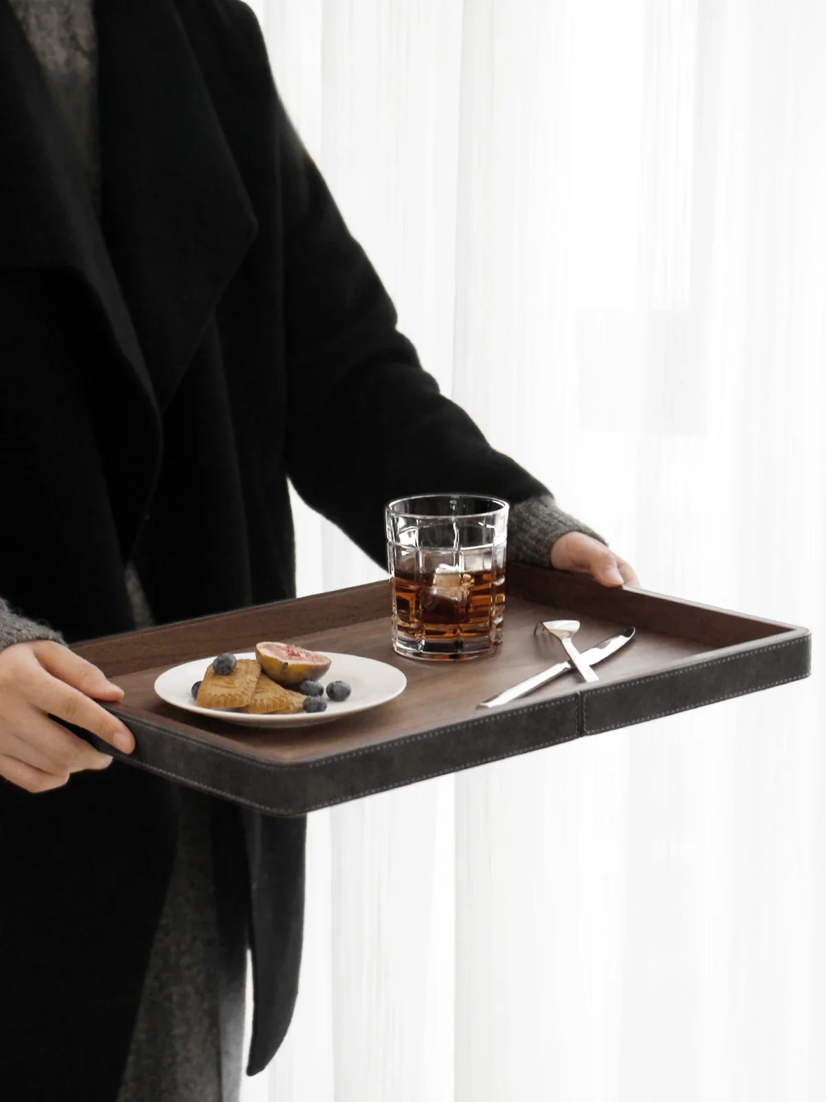 LamomeDeco Japanese Walnut Tray Solid Wood Plate Home Living Room Snack Dim Sum Plate Leather Storage Plate