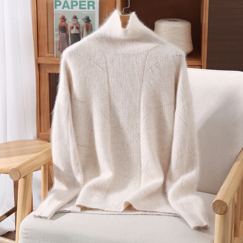 Chic 100% Mink Cashmere Fashion Turtleneck Sweater Women's Pullovers Basics Hollow Out Soft Warm Autumn Winter Long Sleeve Tops
