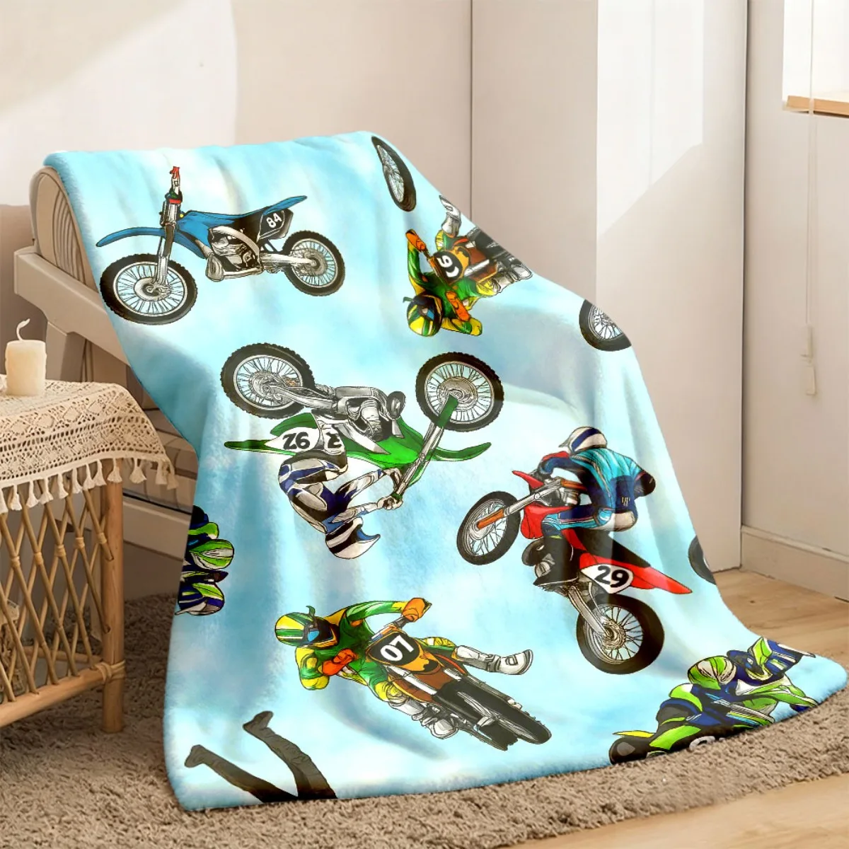 2026 New Double-Sided Motorcycle Print Flannel Throw Blanket – Soft Decorated with Rider Patterns and Soundwave Technology Embos