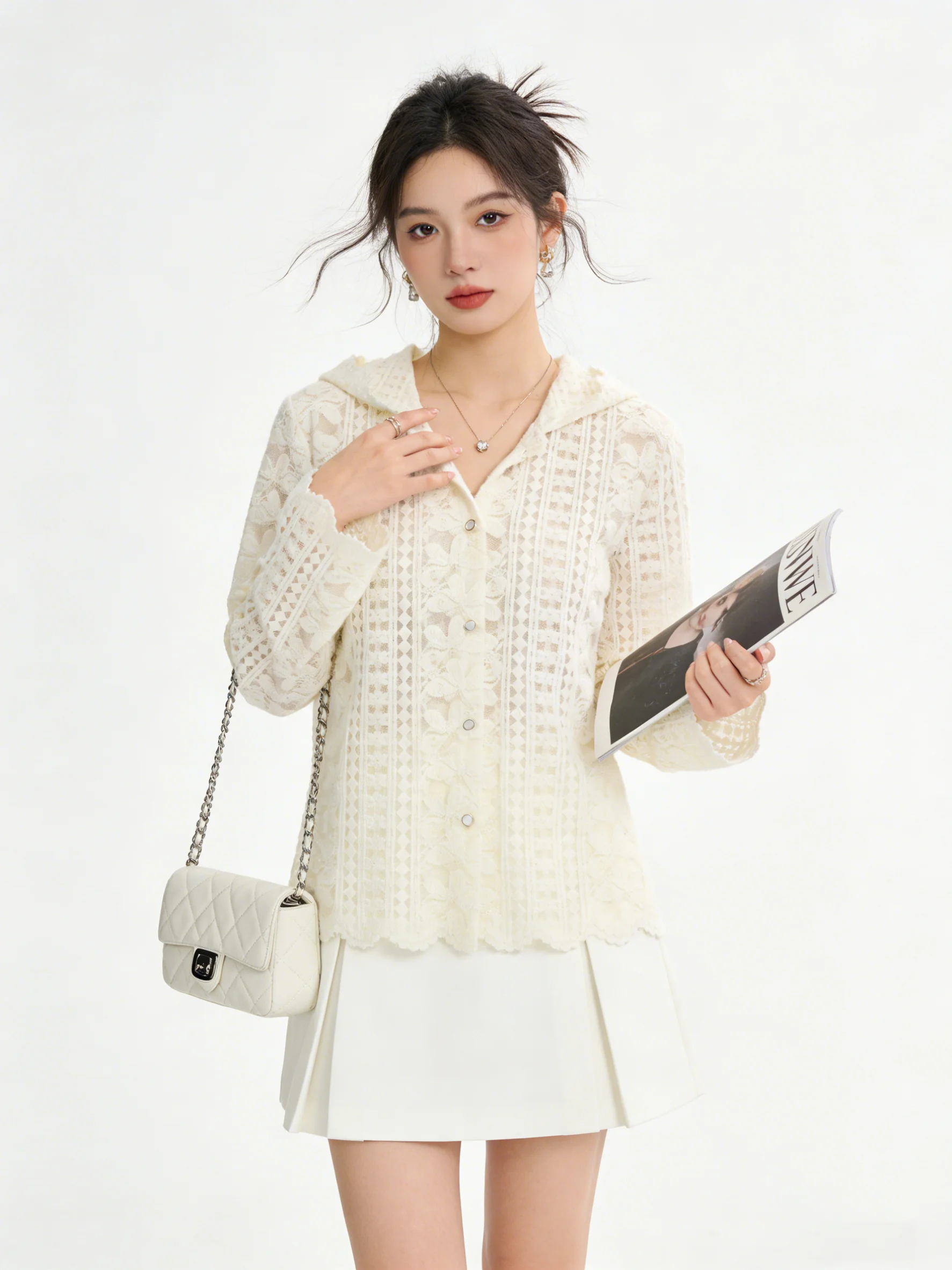 

Корейский нежный кружевной кардиган с ажурным узором для женщин, весна-лето, с вышивкой крючком, стройнящий, универсальный топ, дышащая короткая куртка