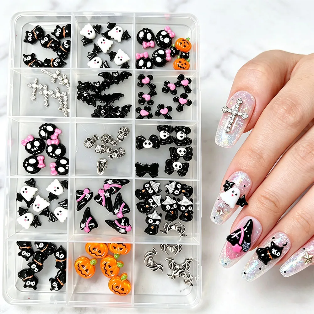 15grids Halloween 3D Resin Nail Charms Mixed Cartoon Pink Bow Ghost Bat Pumpkin Skull Nail Decor DIY Sweet Cool Manicure Supplie - view 2