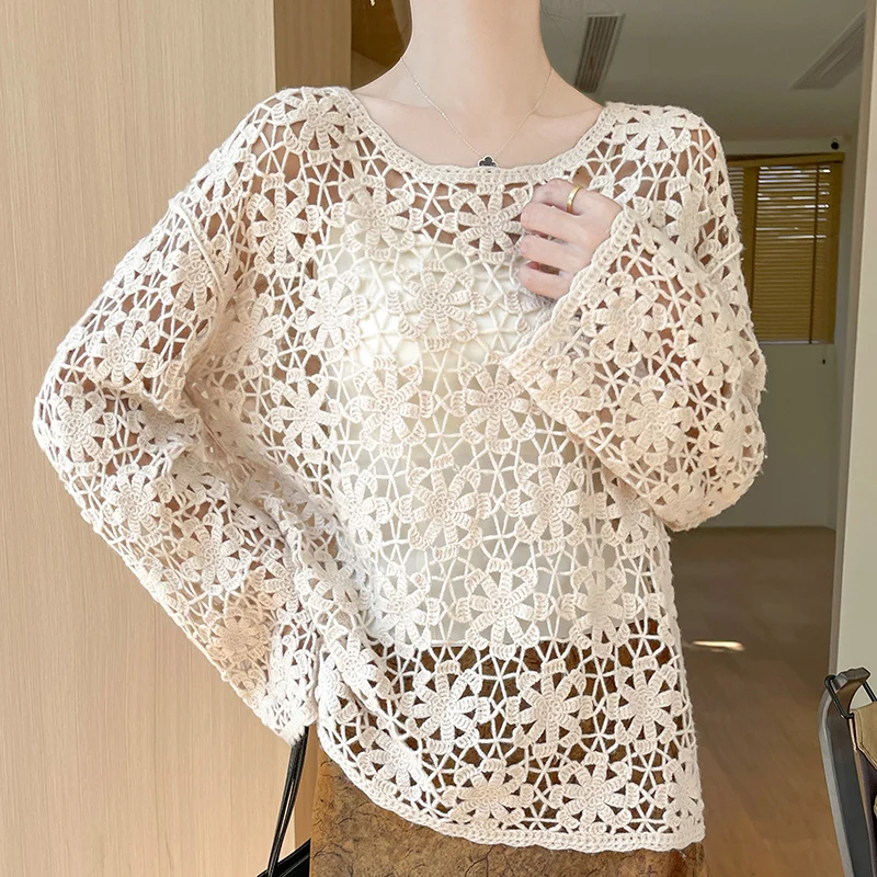 100% Merino Wool Women\'s Clothing Round neck Pullover Fashion Retro Hook and Loop Hollow Tops Slightly Transparent Base Sweater