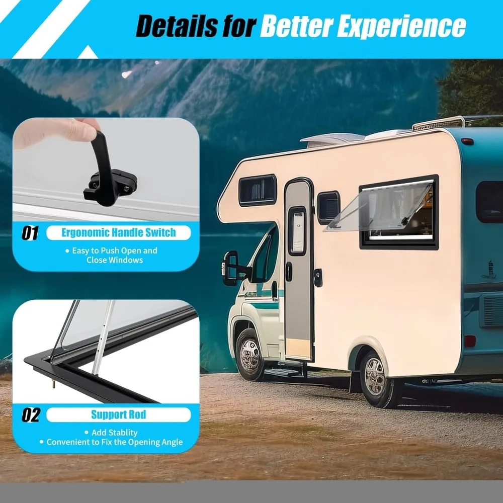 نافذة خروج RV سميكة من الزجاج المقسى، 35 وات × 19 ساعة، للهروب في حالات الطوارئ في المعسكر والقوافل والشاحنات