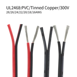 5M/10M/20M UL2468 Electric Copper Wire 2Pins PVC Insulated 28 26 24 22 20 18 16AWG Double Cores LED Lamp Cable Black Red White