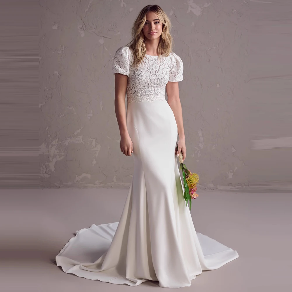 

French lace Wedding Dresses Mermaid Short-sleeves O-neck Vestido De Noiva Elegant satin court train
