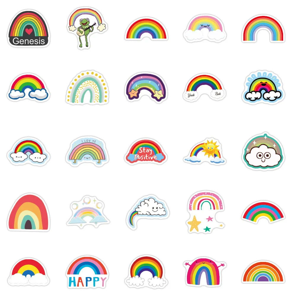 50/100Pcs Novelty Cute Kawaii Cartoon Rainbow Clouds Stickers PVC Waterproof Stickers Decals For Kids Boys Girls Toys Gifts