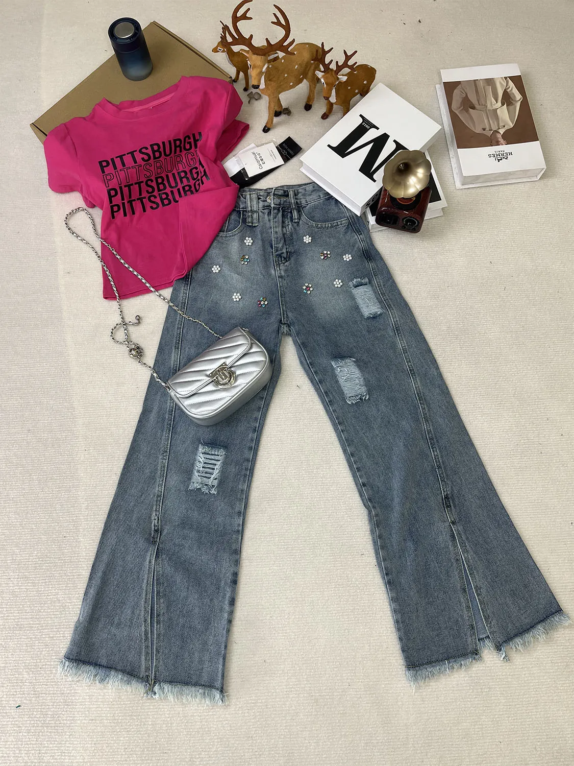 

Summer 2025 High Waist Bell Bot Jeans for Girls with Hole Design And Flower Beads Split Casual Long Blue Denim Pants