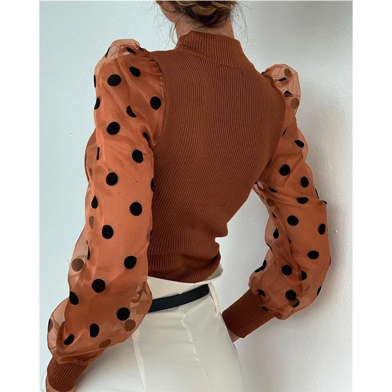 2021 Meihuida Autumn Winter  Women Polka Dot Knitted Sheer See-through Translucent Long Puff Sleeve Sweater Blouse Shirts