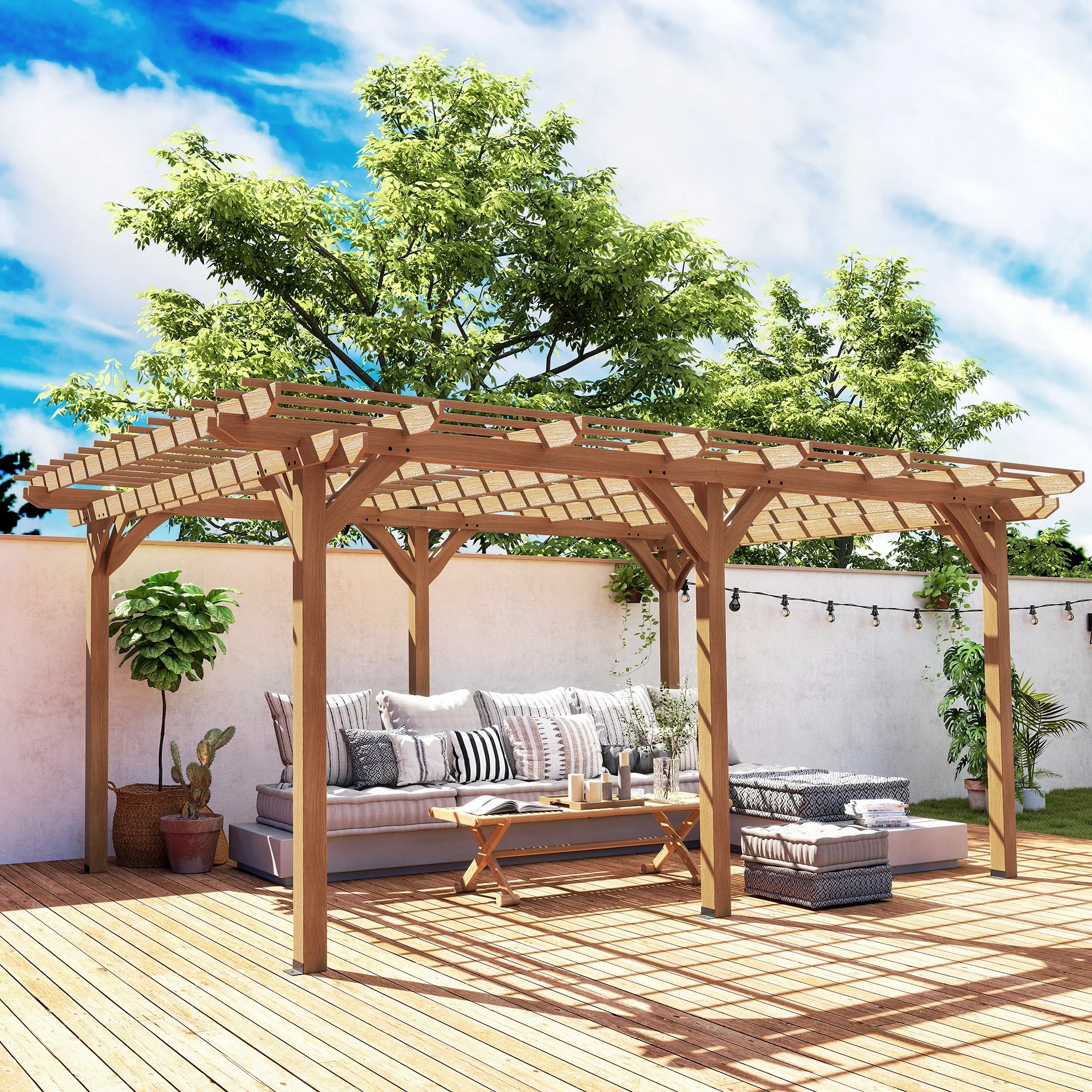 12' x 16' Outdoor Pergola Grape Trellis, Wood Gazebo for Climbing Plants at Garden, Patio, Backyard, Deck, Brown