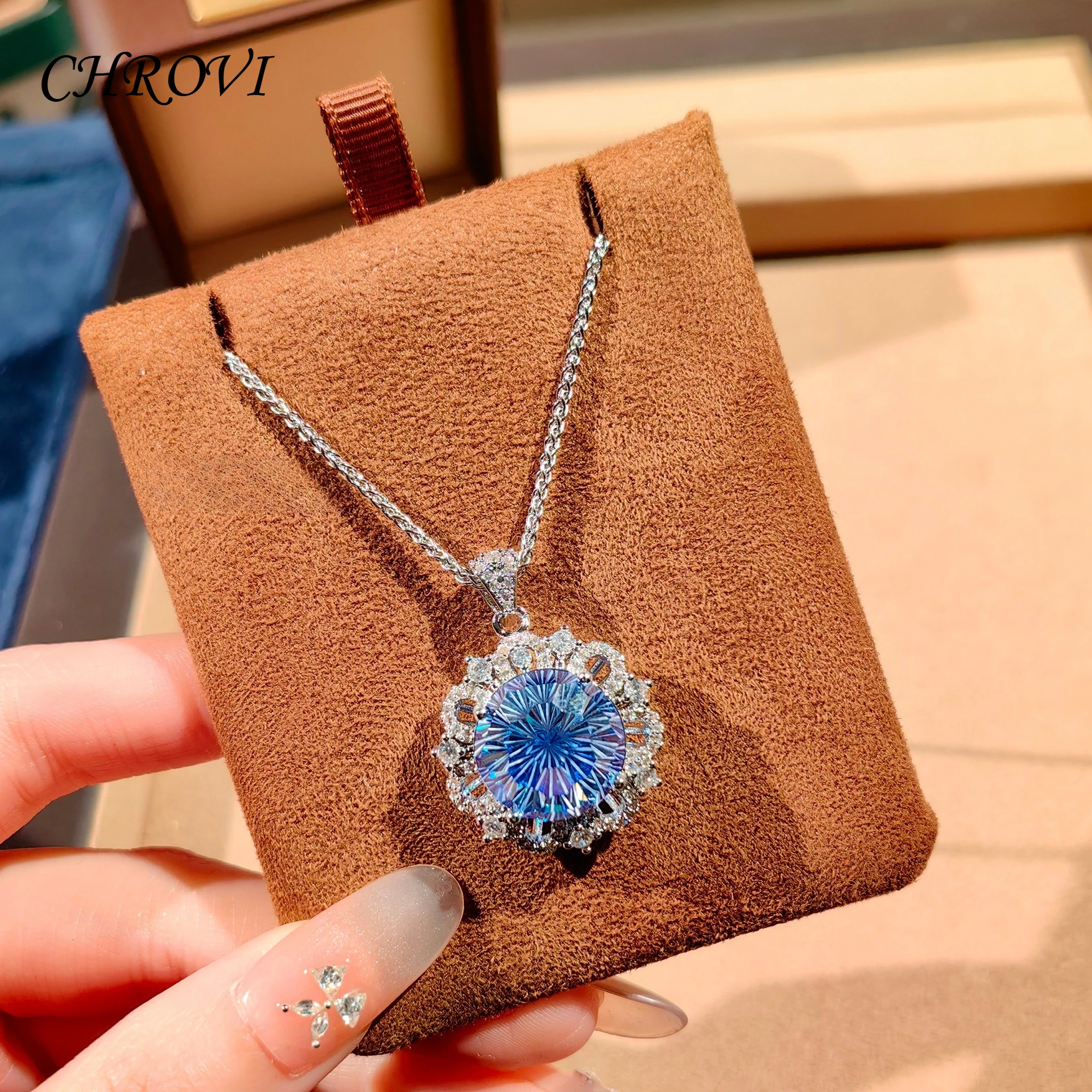 Luxuriöse 925 Sterling Silber Sonnenblumen-Feuerwerk-Schliff Halskette mit Edelstein-Schlüsselbeinkette für Damen Choker-Halskette – Detail 13