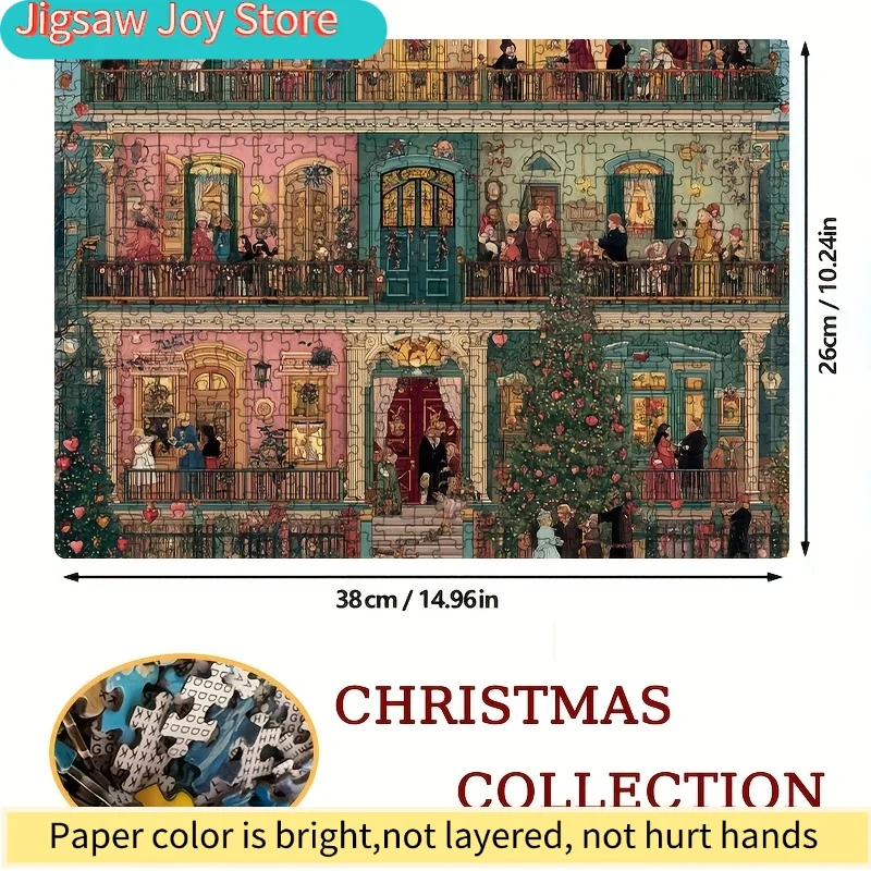 Un mini rompecabezas de papel para adultos con el título 'Elegant Victorian Christmas House', adecuado para juegos de fiesta y actividades familiares.