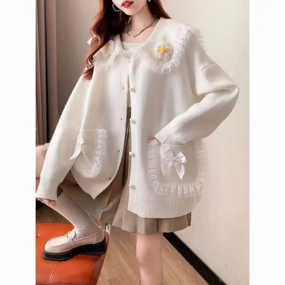 3D Flower Peter Pan Collar Packets Bow Lace Cardigan Sweaters Women Pullover 2025 Autumn Winter New Loose Knitted Sweater Tops