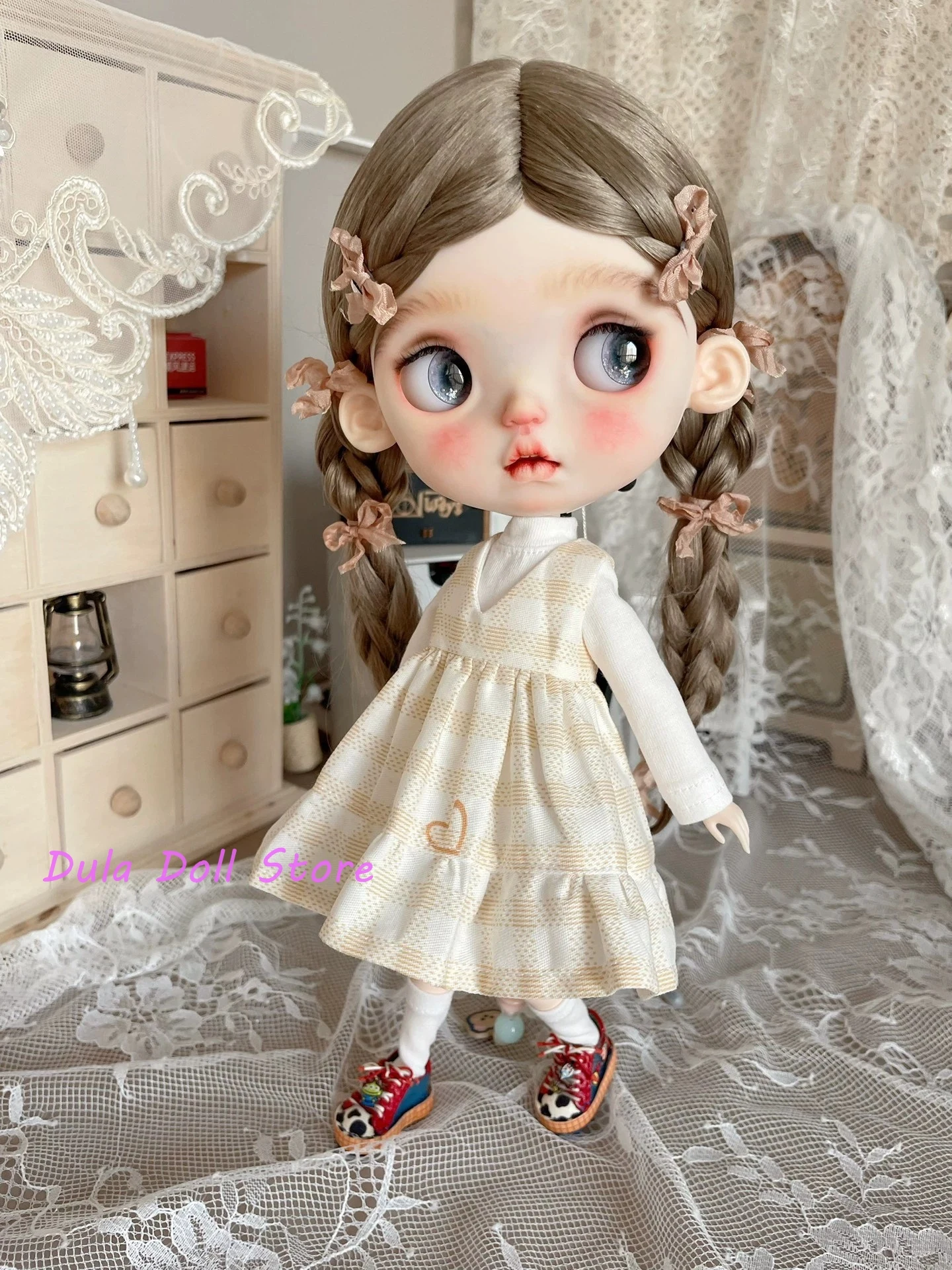 s デュラドール服 シンプルな明るい色のチェック柄ドレスとトップスセット ブライス ob24 ob22 ICY ジェリービー 1/6 ドールアクセサリー