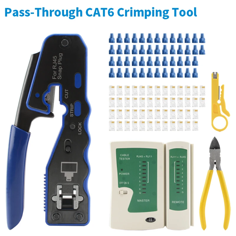 LAN RJ45 Crimp Tool Pass Through Crimper Stripper Cutter for Cat6 Cat5 8P8C Modular Connector Ethernet All-in-one Wire Tool