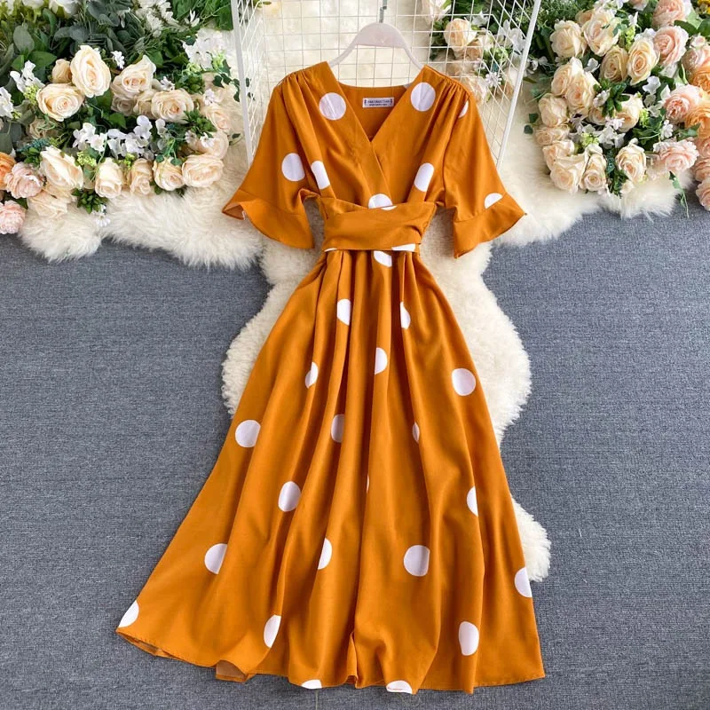 YuooMuoo Women Dress 2025 New Korean Fashion Polka Dot Print Long Summer Dress Vacation Style Sash Bandage Big Swing Beach Dress