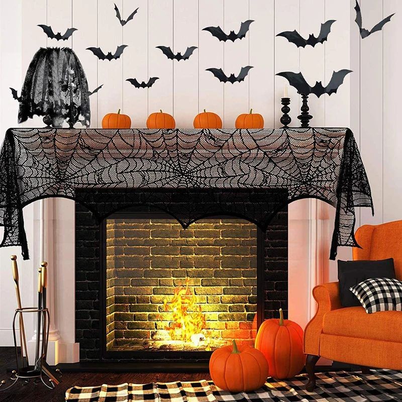 Halloween Decoração Lace Spider Web Esqueleto Crânio Toalha De Mesa, Preto Lareira Mantel Lenço, Fontes Do Partido Do Evento