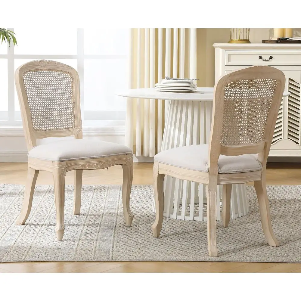 

Upholstered Linen Dining Chairs Set of 2, Square Rattan Back, Natural Curved Legs, Suitable for Kitchen/Restaurant/Living Room,